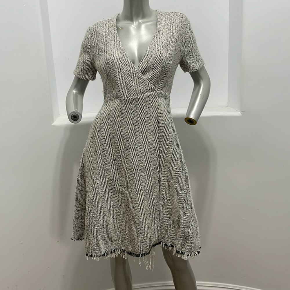 Mo:Vint New York Wool Blend Tweed Wrap Dress Fit And Flare White Black  Size XS
